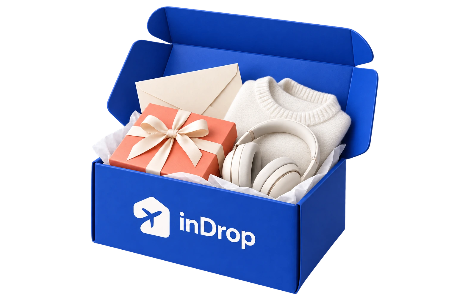 Открытая синяя коробка inDrop с подарком и вещами